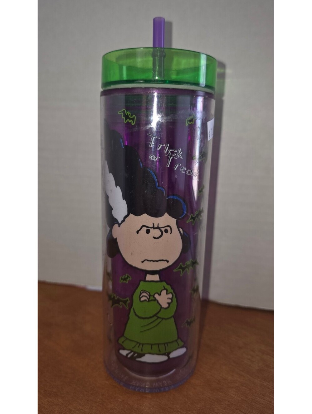Peanuts plastic travel tumbler Halloween design with Lucy as Frankenstein